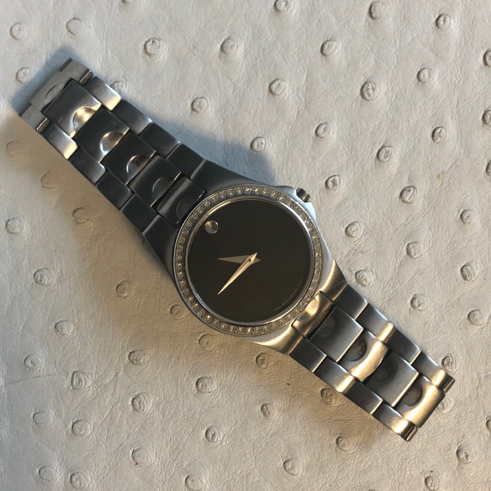 Stainless Steel Movado Watch with Diamond Bezel.